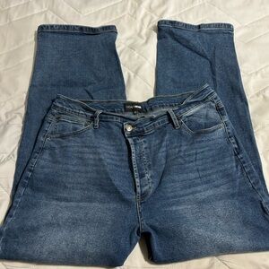 Fashion Nova Blue Crossover Straight Leg Jeans with Stretch